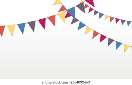 Triangle flag garland for birthday party banner. Fair string pennant flag decoration to celebrate summer carnival. 3d hanging triangle holiday paper border tied with string. festival elements