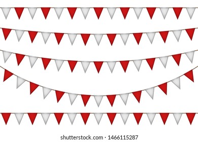 Triangle flag garland. Red and white decoration. Vector illustration.