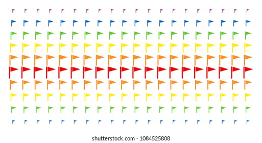 Triangle Flag icon rainbow colored halftone pattern. Vector objects organized into halftone array with vertical spectrum gradient. Designed for backgrounds, covers, templates and abstraction concepts.