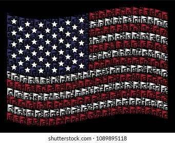 Triangle flag icons are grouped into waving USA flag abstraction on a dark background. Vector concept of America state flag is designed from triangle flag elements.