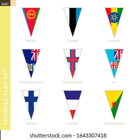 Triangle flag set, stylized country flags of Eritrea, Estonia, Ethiopia, Falkland Islands, Faroe Islands, Fiji, Finland, France, French Guiana