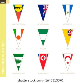 Triangle flag set, stylized country flags of New Caledonia, New Zealand, Nicaragua, Niger, Nigeria, Niue, Norfolk Island, North Korea, Northern Cyprus