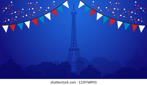 Triangle Flag Special Happy Bastille Day 2018 Combination Creative Design with blue background
