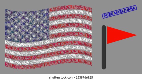 Triangle flag symbols are arranged into USA flag collage with blue rectangle grunge stamp seal of Pure Marijuana caption.