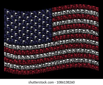 Triangle flag symbols are composed into waving American flag stylization on a dark background. Vector collage of American state flag is created of triangle flag elements.