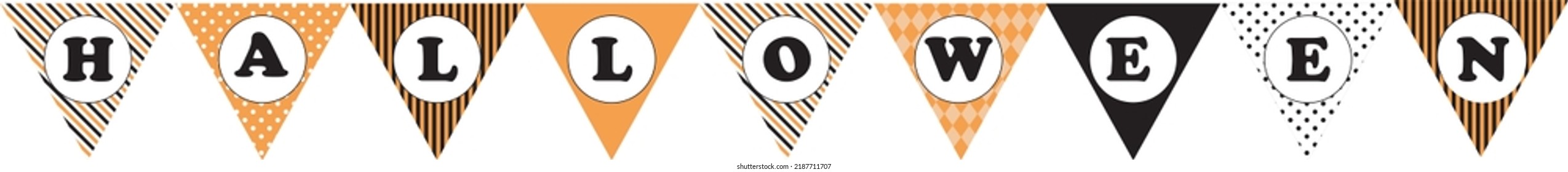 Triangle flags to hang on the wall for Halloween in orange, black, white colors with the name of the holiday