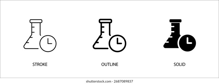 Triangle flask icon with clock for research time, chemical reaction, science. Editable stroke vector icon, outline and solid.