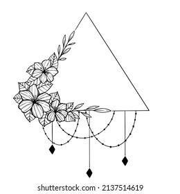 Triangle floral frame. Flower borders decorated with hand drawn delicate flowers, branches, leaves, blossom. illustration