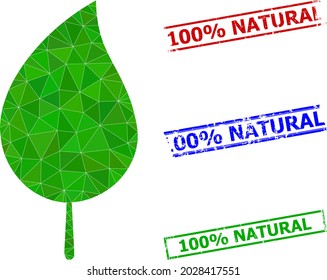 Triangle floral leaf polygonal icon illustration, and distress simple 100 percents Natural stamp imitations. Floral Leaf icon is filled with triangles. Simple stamp seals uses lines, rects in red
