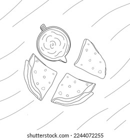 Triangle folded cornmeal tortillas and sauceboat on a wooden background. Line art. Mexican cuisine