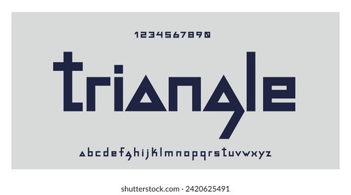 Triangle font. Modern typography for logo design, movies, music, gaming, technology, sport, advertising and web. Minimal type. Small letters and numbers. Geometric alphabet. Vector illustration