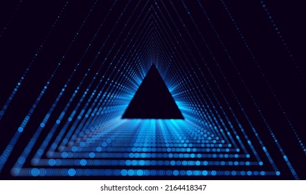 Triangle Frame Border Blue Lights DJ Party Flyer Background. Triangle Tunnel Big Data Backdrop. Abstract Blue Digital Background. Computer Trianglular Tunnel Technology Vector Illustration.