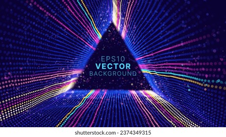 Fondo del volante de la fiesta de DJ del borde del marco triangular luces azules. Fondo de datos grandes del túnel triangular. Resumen de fondo digital azul. Ilustración de vectores de tecnología de túnel triangular por computadora.