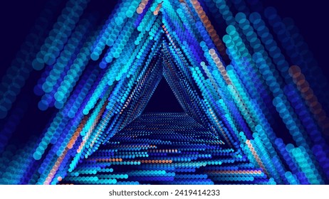 Triangle Frame Border Blue Lights DJ Party Flyer Background. Triangle Tunnel Big Data Backdrop Data Flow Particles Moving with Trails. Vector Illustration.