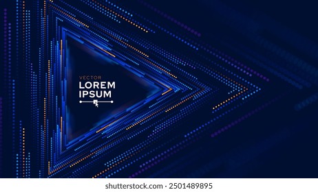 Triangle Frame Border Blue Lights DJ Party Flyer Background. Play Triangle Tunnel Big Data Backdrop Data Flow Particles Moving with Trails. Vector Illustration.