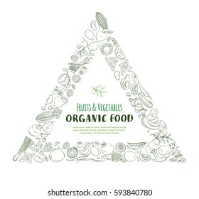 Triangle Frame border pattern of groceries organic farm fresh fruits and vegetables. Vector illustration frame. Outline line flat style design. White backdrop.