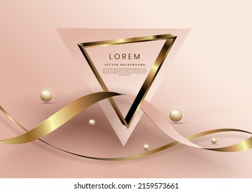 Triangle frame decor dolden ribbon with light effect and ball on rose gold background. Luxury style. Vector illustration