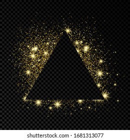 Marco triangular con brillo dorado sobre fondo transparente oscuro. Fondo vacío. Ilustración vectorial.