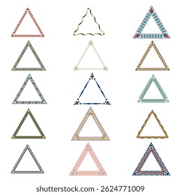 Triangle frame set. Decorative border collection. Colorful triangle ornament. Vector outline design.