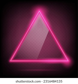 Triangle frame transparent glass effect. Abstract pink light neon border shape. Futuristic screen glowing vector background.