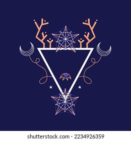 Triangle frame with witchcraft elements. Design with mysterious dark magic plants, stars, eye. Hand drawn style. Cover, card, print on clothes, invitation. Vector illustration