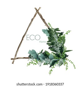 triangle frame wreath eco home sign. Herbarium succulent, fern eucalyptus, money tree, pine ikebana foliage. ecological sign Wedding invitation boho ornament Ecological real estate emblem Recycle mark