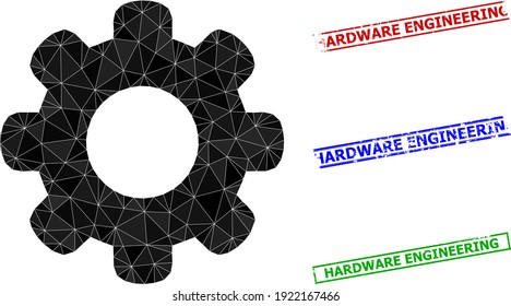 Triangle gear wheel polygonal icon illustration, and scratched simple Hardware Engineering seals. Gear Wheel icon is filled with triangles. Simple seals uses lines, rects in red, blue, green colors.