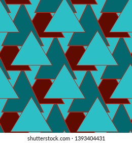 Triangle geo print, retro surface triangles pattern seamless. Red and teal Abstract vector minimalism background. Colored cover ethnic. Geometric boho design. African simple motif. Geo repeat. 
