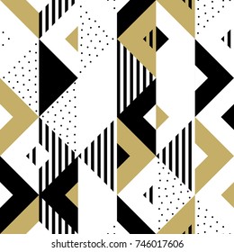 Triangle geometric abstract golden seamless pattern. Vector background of black, white and gold triangular pattern or square swatch ornament texture or mosaic design backdrop tile template.