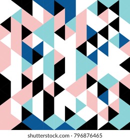 Triangle geometric memphis color seamless pattern. Blue, light blue, pink, white, and black. Colorful background texture for wall decor, textile, and cover background.