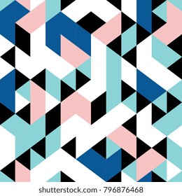 Triangle geometric memphis color seamless pattern. Blue, light blue, pink, white, and black. Colorful background texture for wall decor, textile, and cover background.