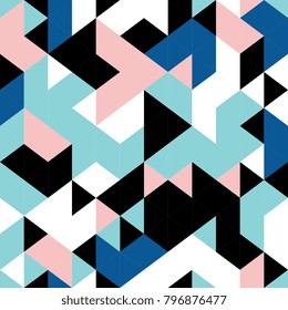 Triangle geometric memphis color seamless pattern. Blue, light blue, pink, white, and black. Colorful background texture for wall decor, textile, and cover background.