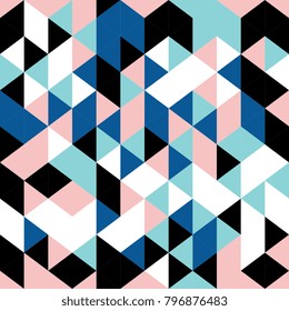 Triangle geometric memphis color seamless pattern. Blue, light blue, pink, white, and black. Colorful background texture for wall decor, textile, and cover background.