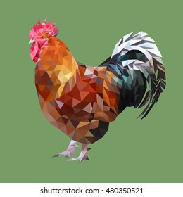 Triangle geometric rooster. Vector image on green background