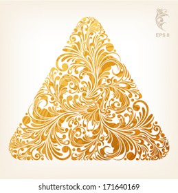 dreieckige geometrische Form mit filigranen Blumenziern in goldener Farbe, Vektorgrafik
