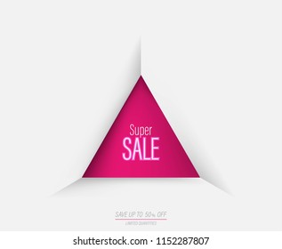 Triangle geometric super sale template banner with pink color on a white color background at discount up to 50% off,vector illustration design,eps10. 