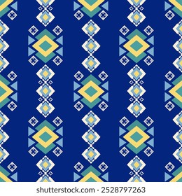 triángulo geométrico, tribal, ético, patrón sin fisuras, verde, amarillo Fondo azul