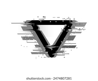 Dreieck mit Glitch- und Graupixelrauscheffekt, dynamische geometrische Vektorillustration. Abstrakter verzerrter Glitch-Stil-Rahmen mit Motion-Bug-Rahmen in Schwarz und Grau