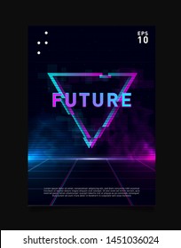 Triangle glitch effect on laser grid with blue and pink glows and smoke. Retrowave / vaporwave / synthwave design for poster, flyer, cover, brochure, card, club invitation. Eps 10