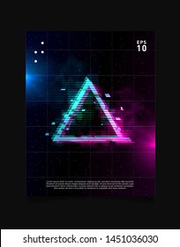 Triangle glitch effect in space laser grid with blue and pink glows and smoke. Retrowave / vaporwave / synthwave design for poster, flyer, cover, brochure, card, club invitation. Eps 10