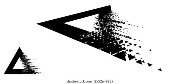 Triângulo com textura de meio-tom com falha. Forma preta em um plano de fundo branco, normal e visualização de perspectiva.