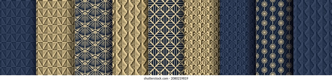 Triangle gold blue luxury seamless pattern. Abstract Damask, Modern Moths on dark background vector illustration.