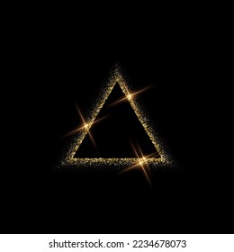 Triangle gold frame made of glitters with bright glow light effect vector illustration. Abstract golden border from luxury metal dust for swirl portal, decorative royal award on black background.