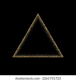 Marco de oro triangular hecho de brillantes con ilustración vectorial de efecto luminoso brillante. Resumen del borde dorado del polvo de metal de lujo para portal de remolinos, premio real decorativo sobre fondo negro.