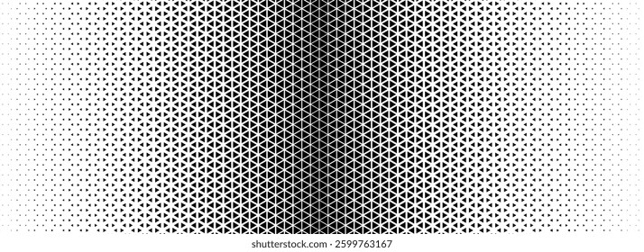Triangle halftone gradient texture. Geometric triangular tech pattern background. Black abstract vanishing gradation wallpaper. Vector fading mosaic pop art backdrop for poster, banner, booklet