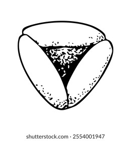 Triangle Hamantaschen cookie for Purim black and white vector illustration. Traditional Jewish pastry Oznei Haman