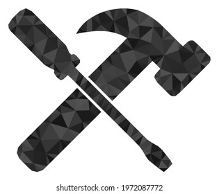 Triangle hammer and screwdriver polygonal symbol illustration. Hammer and Screwdriver lowpoly icon is filled with triangles. Flat filled geometric mesh symbol based on hammer and screwdriver icon.