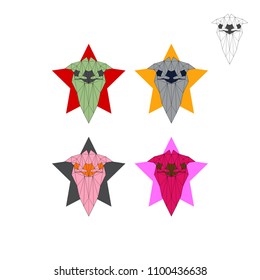 Triangle hand draw of ostrich in different colors on white background 