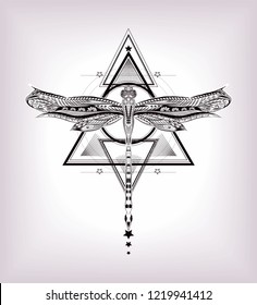 Triangle with hand drawn dragonfly. Sacred geometry. Unalome.