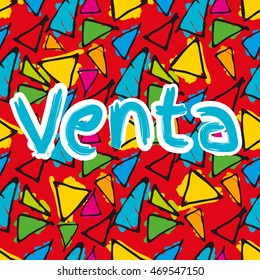 Triangle hand drawn vector seamless pattern with word sale on the spanish lenguage. Gaudi mosaic pattern and word Barcelona. Antonio Gaudi pattern. Barcelona pattern